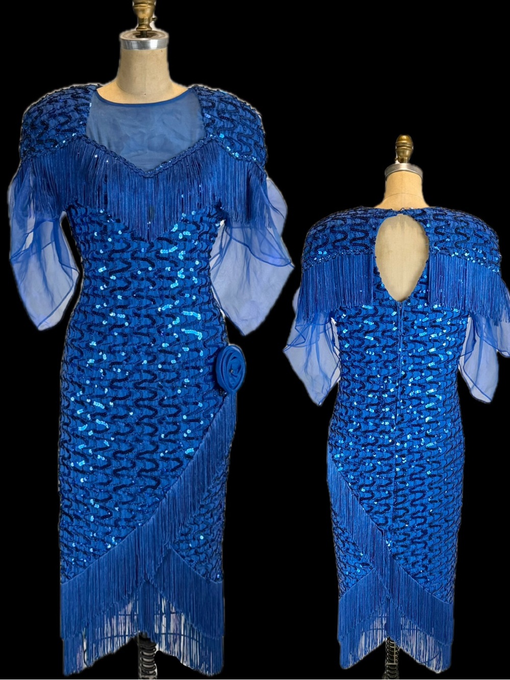 VINTAGE 80s cobalt blue sequin formal dress gown form fitting fringe western‎ XL